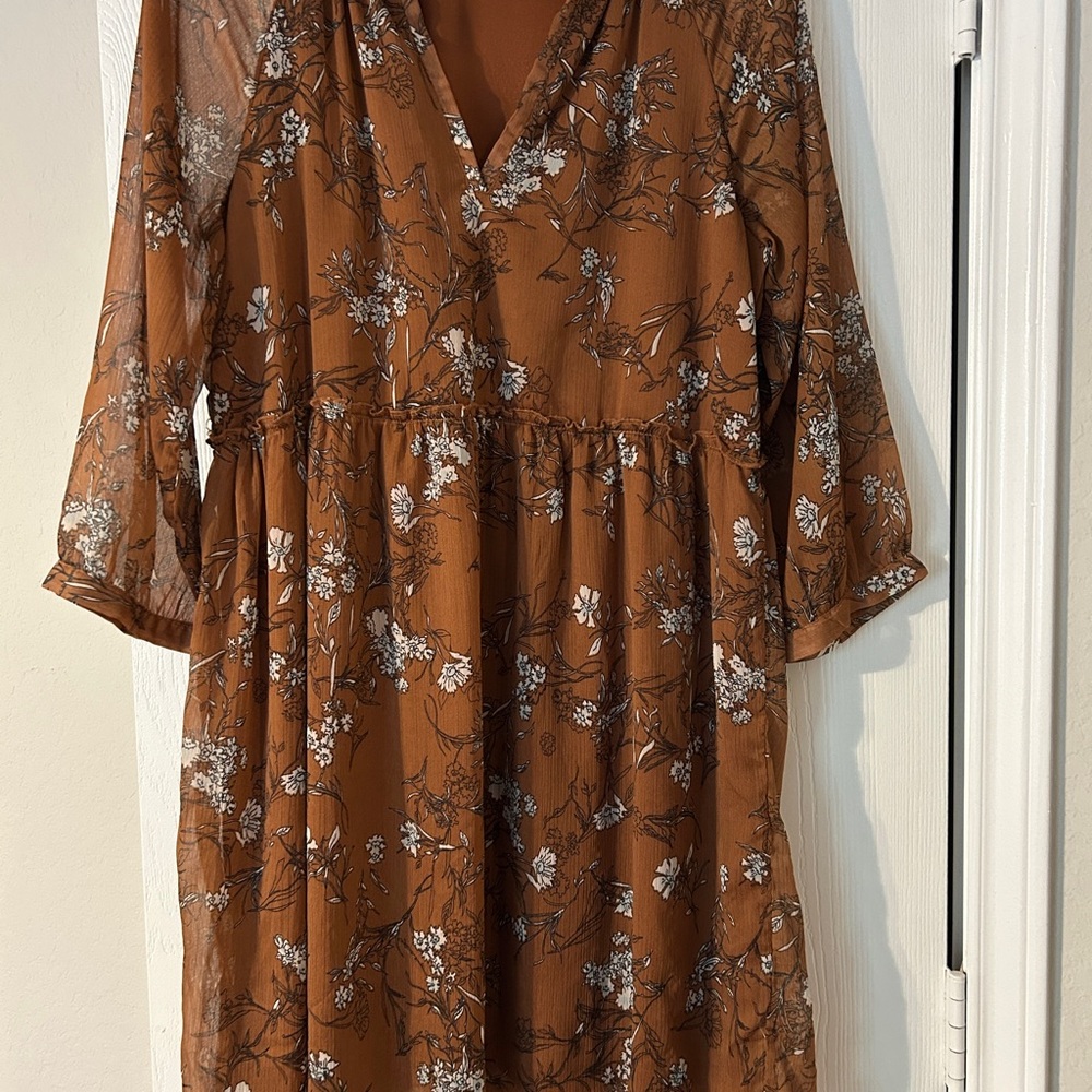 Only Brown and White Buttoned Sundress with Bishop Sleeves
